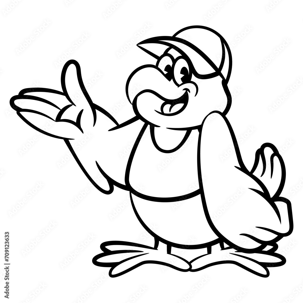 Cartoon illustration of A Big Chicken wearing cap and restaurant uniform with serving gestures. Best for coloring book, logo, and outline with fried chicken culinary business themes for children Cartoon illustration of A Big Chicken wearing cap and restaurant uniform with serving gestures. Best for coloring book, logo, and outline with fried chicken culinary business themes for children