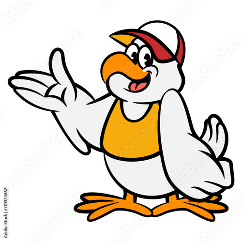 Cartoon illustration of A Big Chicken wearing cap and restaurant uniform with serving gestures. Best for sticker, logo, and mascot with fried chicken culinary business themes for children