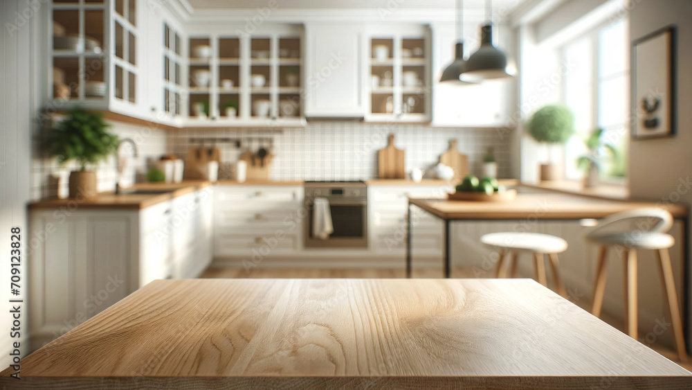 Fototapeta premium Modern kitchen with a beautiful table and blurred background.another option