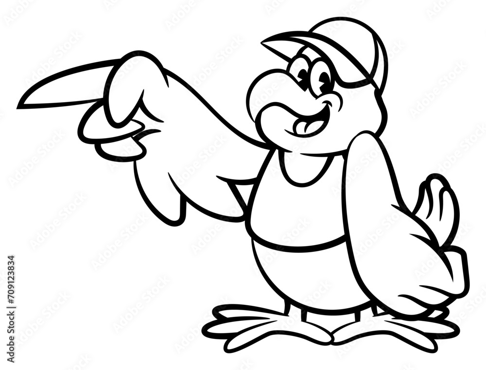 Cartoon illustration of A Big Chicken wearing cap and restaurant uniform with showing direction gestures. Best for outline and logo with fried chicken culinary business themes for children Cartoon illustration of A Big Chicken wearing cap and restaurant uniform with showing direction gestures. Best for outline and logo with fried chicken culinary business themes for children