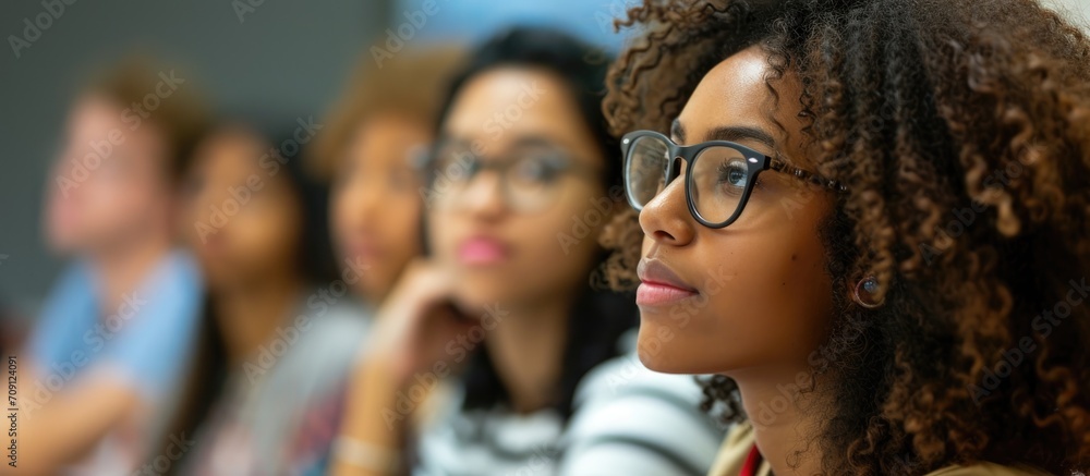 Multiracial students attentively listening to an African American female presenting. - obrazy, fototapety, plakaty 