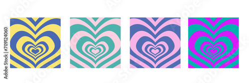 Set of Psychedelic retro neon tunnel in the shape of a heart. Hypnotic rainbow romantic background 70s square banner