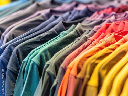 stock picture of print manufacturer, showing stock of muted colorful blank tshirts.