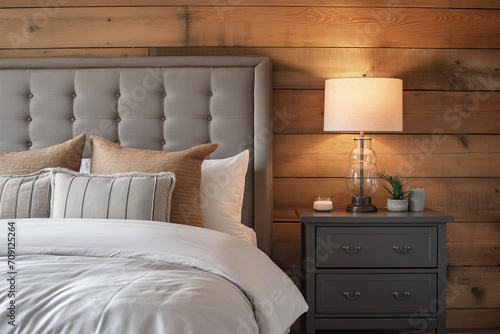 Bedside Drawer Nightstand and Lamp Near Bed with Grey Fabric Headboard, Set Against a Wood Paneling Wall - Creating a Cozy and Inviting Modern Bedroom Interior Design
