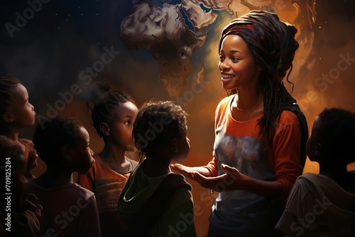 Passionate Afrikan female teacher giving a captivating lesson to a lively group of young children.