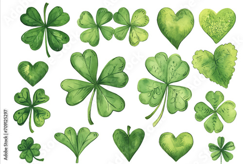Hand drawn watercolor shamrock four leaf clover collection