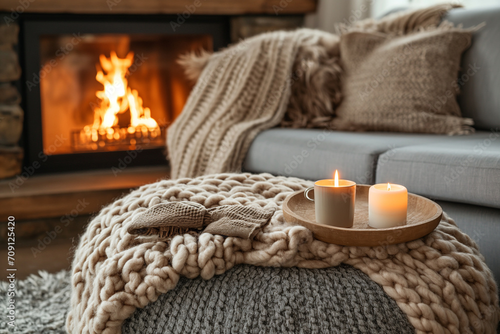 Beige Chunky Knit Throw Draped over a Grey Sofa, Coffee Table Adorned with Candles Near the Fireplace - A Scandinavian Farmhouse Hygge Home Interior Design, Creating a Warm and Inviting Winter Atmosph Beige Chunky Knit Throw Draped over a Grey Sofa, Coffee Table Adorned with Candles Near the Fireplace - A Scandinavian Farmhouse Hygge Home Interior Design, Creating a Warm and Inviting Winter Atmosph