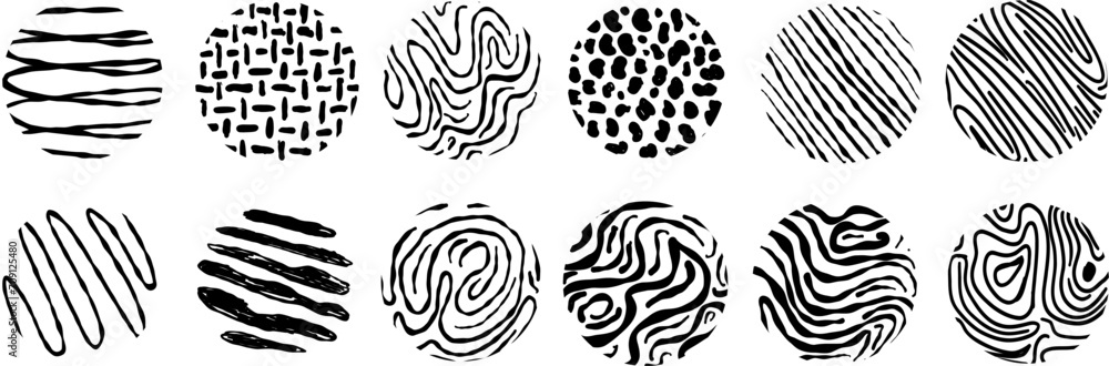 Black round stickers with various hand-drawn pencil crosshatch textures. Vector Naive Doodle Patterns. Design elements for social media posts