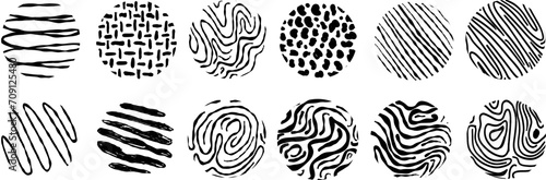 Black round stickers with various hand-drawn pencil crosshatch textures. Vector Naive Doodle Patterns. Design elements for social media posts photo