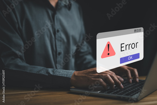 System Error alert technology. Incorrect data access, encoding. Computer has problem. Internet and database security. attack from hackers. Protection viruses, spyware. website, message, account