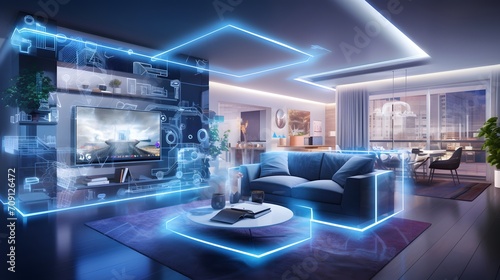 a concept art of a digital holographic artificial intelligence (ai) smart technology in a house and a flat. modern living room with blue and white virtual reality interface and icons.  photo