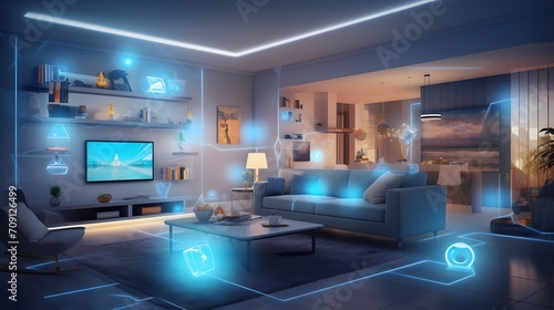 a concept art of a digital holographic artificial intelligence (ai) smart technology in a house and a flat. modern living room with blue and white virtual reality interface and icons. 