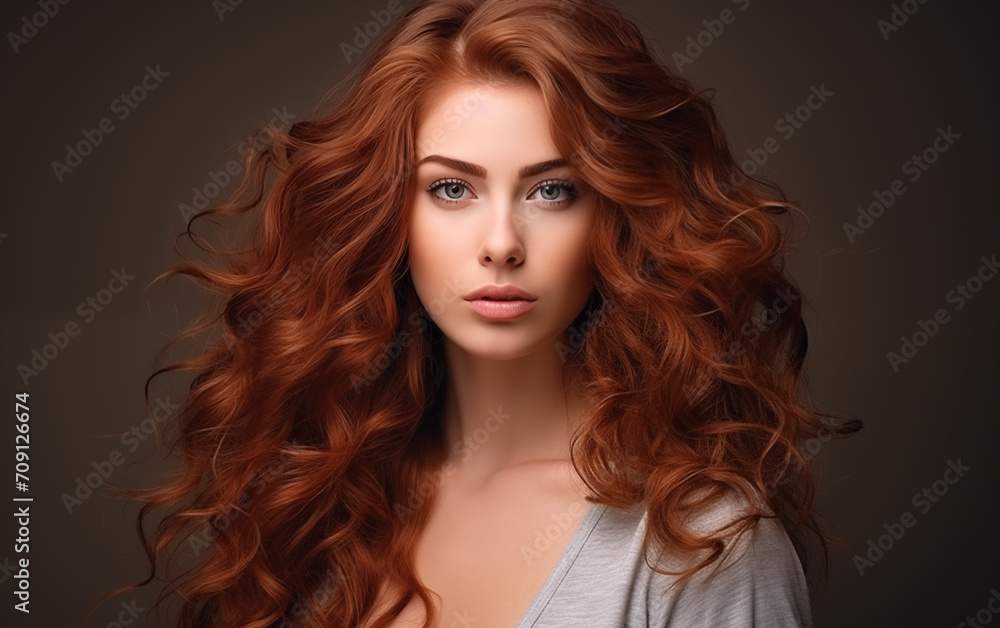 Beautiful female with long and shiny wavy hair on a brown background.
Beautiful female with long and shiny wavy hair on a brown background.