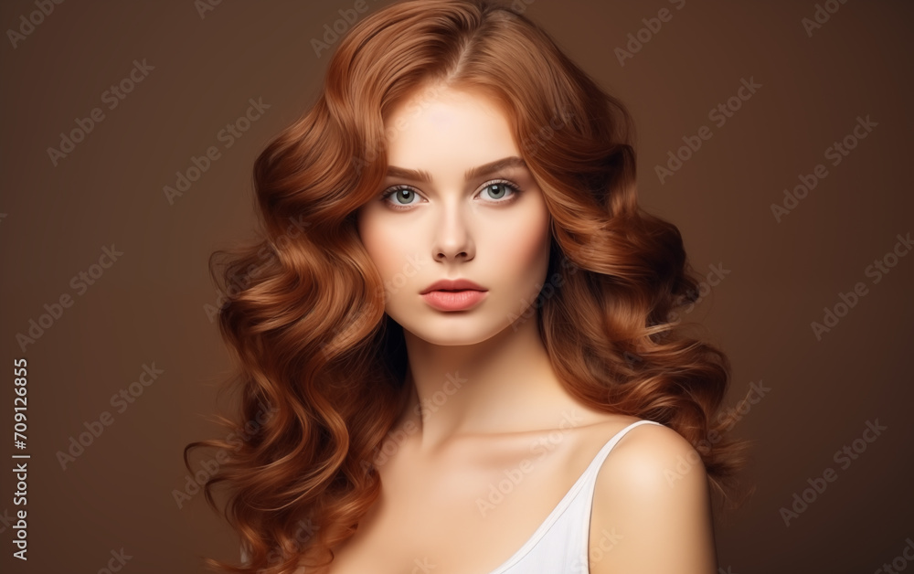 Beautiful female with long and shiny wavy hair on a brown background.
Beautiful female with long and shiny wavy hair on a brown background.