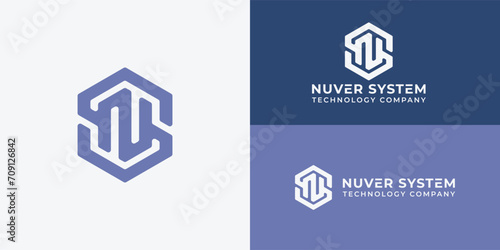 Abstract hexagon initial letter NS or SN logo in purple color and presented with multiple background colors and it is suitable for the system technology logo design inspiration template photo