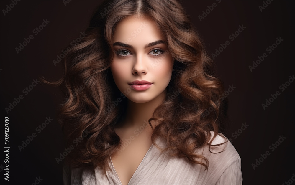Beautiful female with long and shiny wavy hair on a brown background.
Beautiful female with long and shiny wavy hair on a brown background.