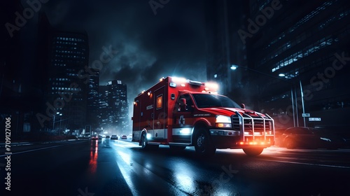 a medical emergency ambulance car driving with red lights on through the city on a road in the night.