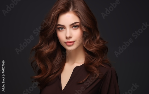 Beautiful female with long and shiny wavy hair on a brown background. 