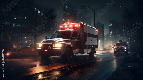 a medical emergency ambulance car driving with red lights on through the city on a road in the night.