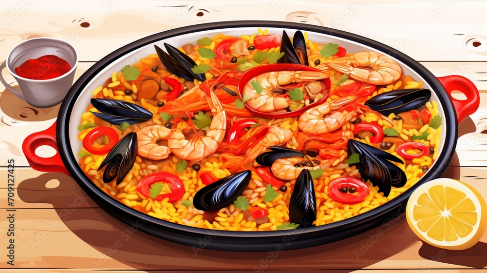 An intricate digital illustration of a white plate displaying a vibrant seafood paella with shrimp, mussels, and saffron-infused rice, offering a flavorful and Spanish-inspired meal An intricate digital illustration of a white plate displaying a vibrant seafood paella with shrimp, mussels, and saffron-infused rice, offering a flavorful and Spanish-inspired meal