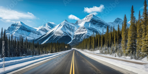 Breathtaking road journey through snow-capped mountains, pine forests, and scenic landscapes.