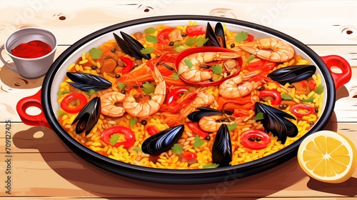 An intricate digital illustration of a white plate displaying a vibrant seafood paella with shrimp, mussels, and saffron-infused rice, offering a flavorful and Spanish-inspired meal