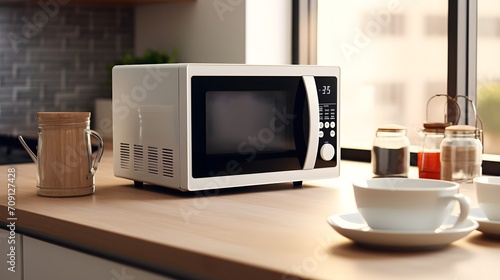 a modern white and black microwave in a house kitchen on the kitchen table. image used for an ad.