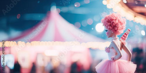 A festive toy composition featuring a doll in a pink tutu, surrounded by fairy celebration.