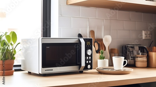 a modern white and black microwave in a house kitchen on the kitchen table. image used for an ad. photo