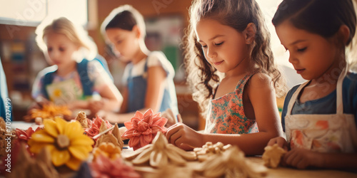 Attractive and curious elementary classmates in aprons, crafting with clay and making flowers, exploring creativity. photo