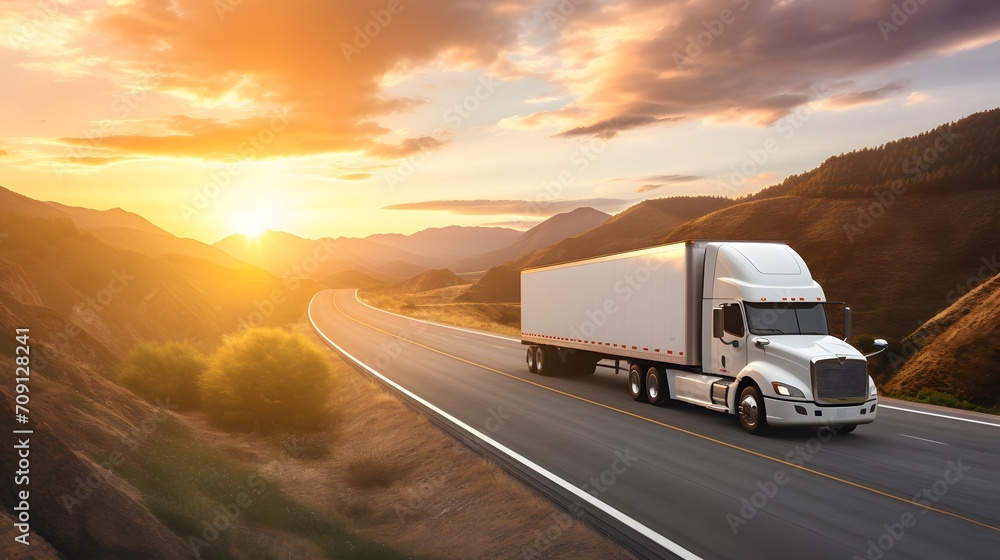 a white cargo truck with a white blank empty trailer for ad on a highway road in the united states. beautiful nature mountains and sky. golden hour sunset. driving in motion.
a white cargo truck with a white blank empty trailer for ad on a highway road in the united states. beautiful nature mountains and sky. golden hour sunset. driving in motion.