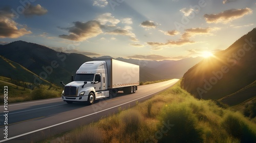 a white cargo truck with a white blank empty trailer for ad on a highway road in the united states. beautiful nature mountains and sky. golden hour sunset. driving in motion.  