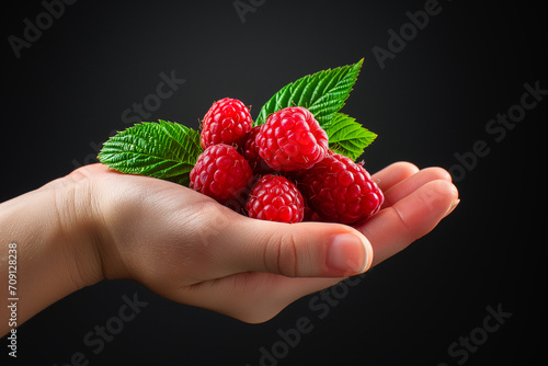 Red raspberry berries in hand on a black background. Hands holding fresh raspberries. Person holding raspberries, close-up