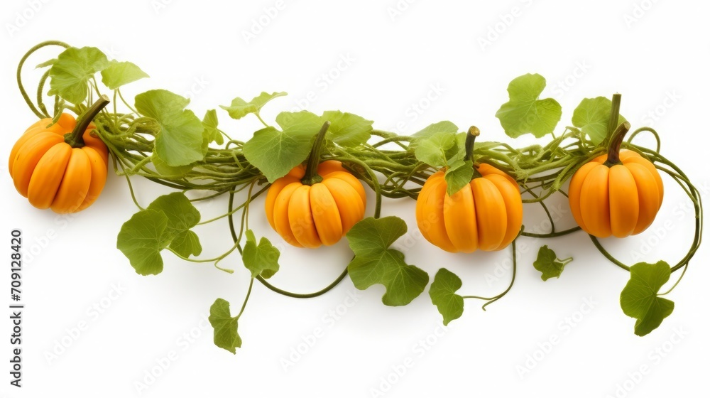Isolated on a white backdrop, there is a pumpkin vine with green leaves and tendrils, including a clipping path.