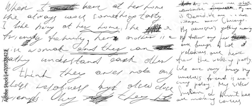 Crossed out, Sweeping,  unreadable handwriting Fragment of letter crossed out and underlined illegible doodle isolated on white background