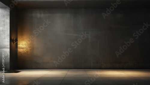 Empty room with black walls and light beams from above and shining golden lines. generative AI
