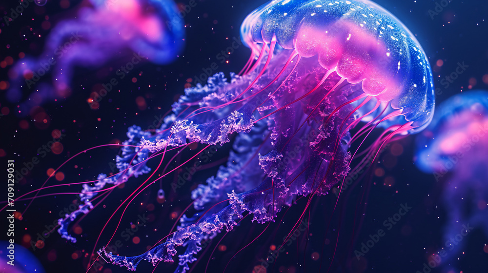 Glowing jellyfish illustration, jellyfish aesthetic dream scene concept illustration