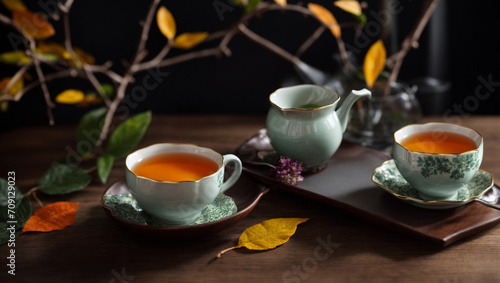A modern tea service, located on a smooth wooden tabletop, is decorated with a sprig of bright leaves. generative AI