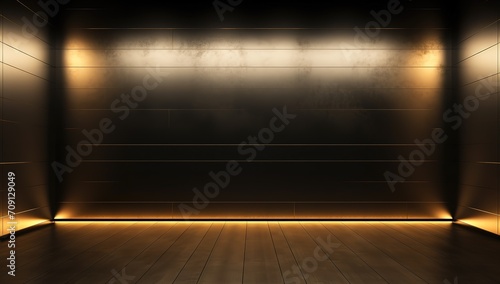 Empty room with black walls and light beams from above and shining golden lines. generative AI © original logo