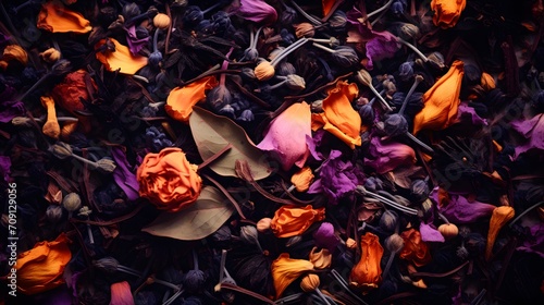 Black tea with dried flower leaves full frame as background close up © Ziyan Yang