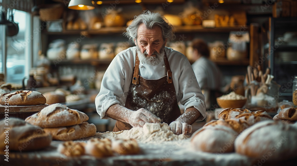 Handwerkliche Leidenschaft: Bäcker knetet Teig und backt köstliche Brötchen