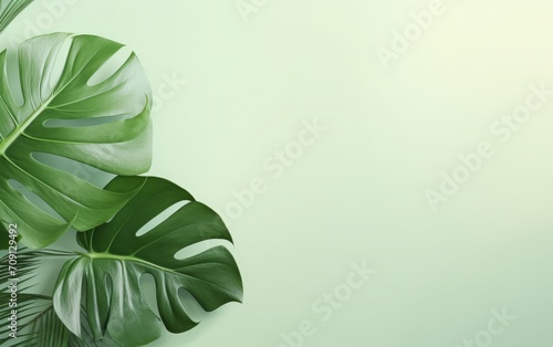 The design template employs a gentle, pale green backdrop, establishing a serene ambiance. Positioned centrally in the design, there exists a lifelike representation of a monstera leaf with a sleek te