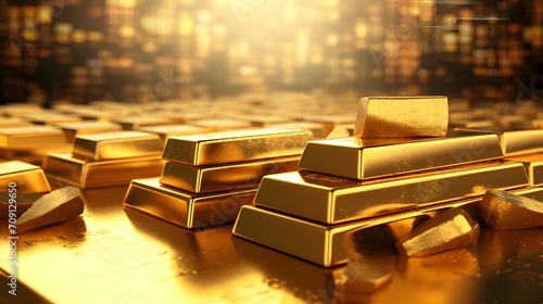 Business Gold future and financial concept.World economics and currency exchange in shiny gold bar arrangement in a row background.Money trade and safe haven marketplace.3D illustration rendering. photo