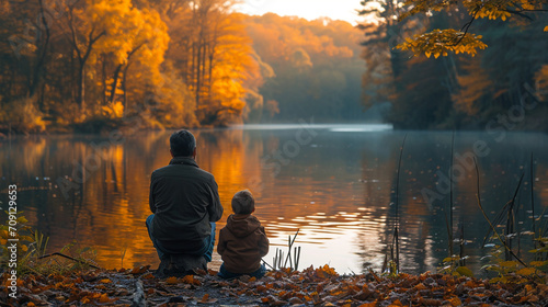 Vater und Sohn genießen die Zeit zu zweit am See im Herbst