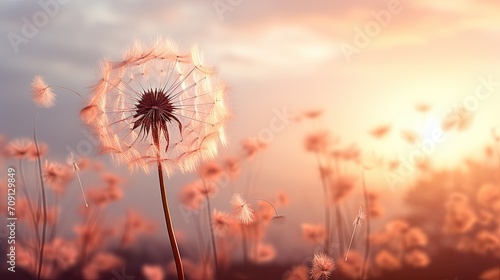 A tranquil and atmospheric photograph capturing the serene beauty of a peach-colored dandelion. Generative AI