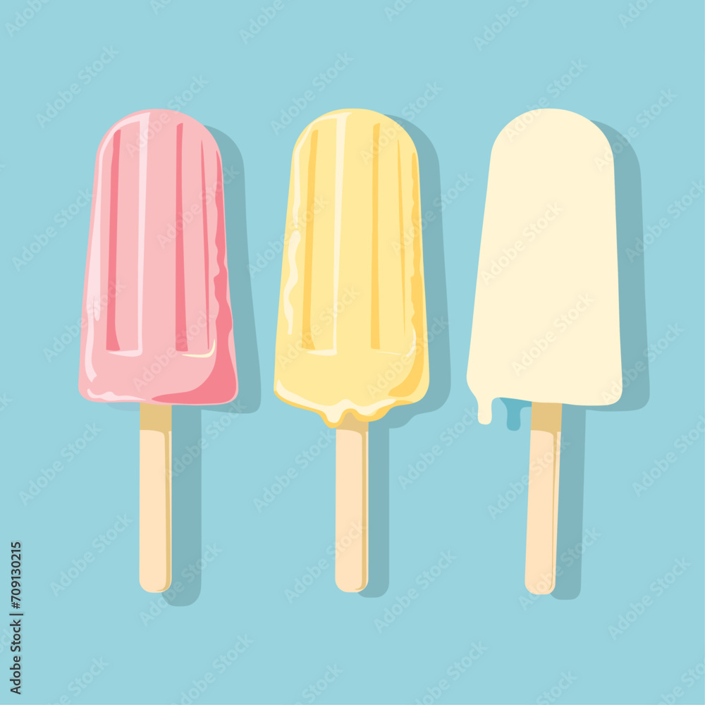 Icepops in different flavours. Strawberry ice pop, banana ice pop, and cream ice pop slightly melted. Colorful Icecream. Icepops in different flavours. Strawberry ice pop, banana ice pop, and cream ice pop slightly melted. Colorful Icecream.