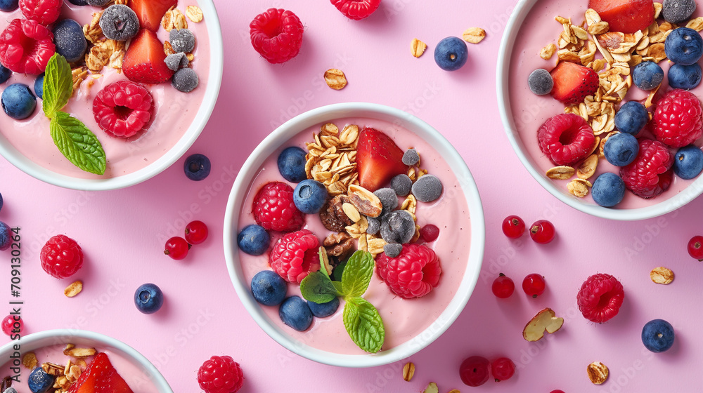Organic smoothie bowls with berries and nuts flat lay, vegetarian food, healthy breakfast, healthy lifestyle Organic smoothie bowls with berries and nuts flat lay, vegetarian food, healthy breakfast, healthy lifestyle