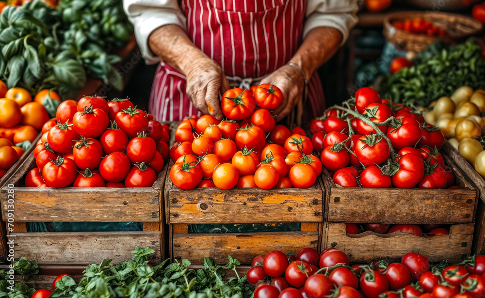 Farmer lays out fresh tomatoes on a counter at a local farmer's market, fresh local produce for cafes and restaurants, small business support