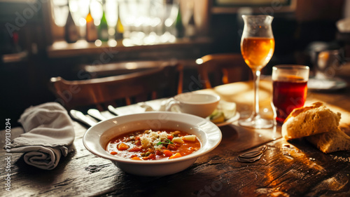 Popular Italian minestrone soup and fresh bread from a local bakery and a glass of wine on the table in a home restaurant, delicious vegetable summer Italian soup, gastronomic travel time