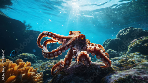 A photo of an octopus sitting on a rock underwater. Generative AI